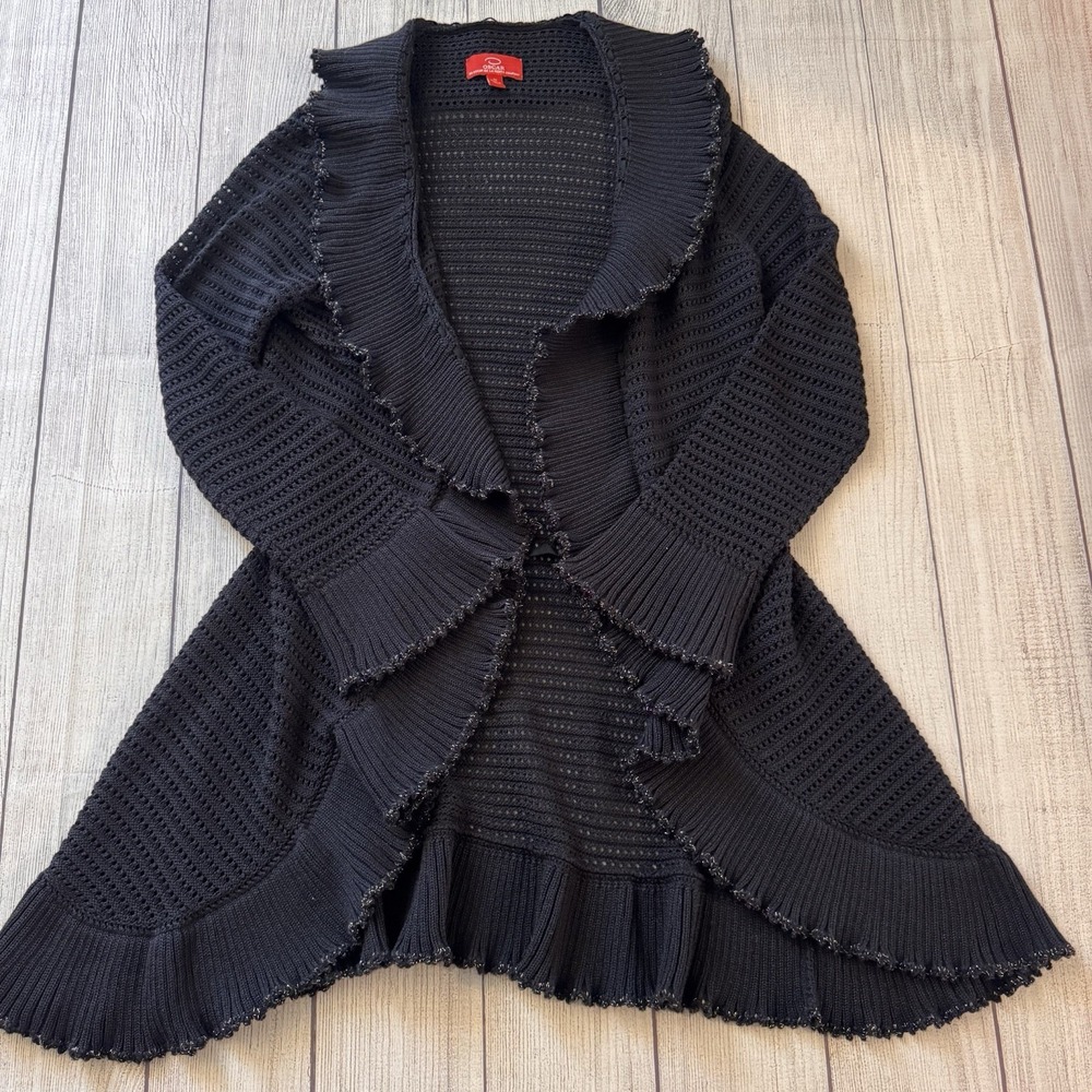 Oscar de la Renta Cardigan Sweater M Open Knit Crochet Y2K Ruffle Dark Dark Blue